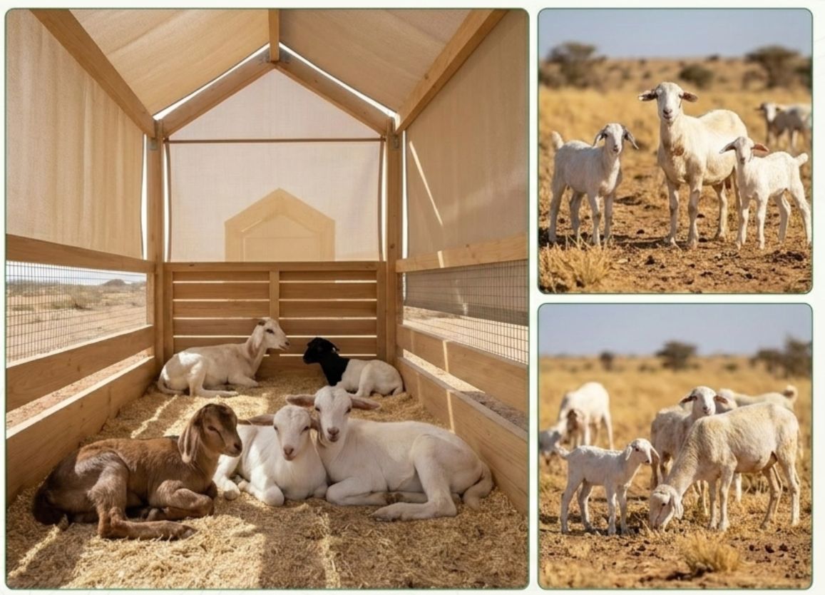 Lambs in shelter and ewes with offspring